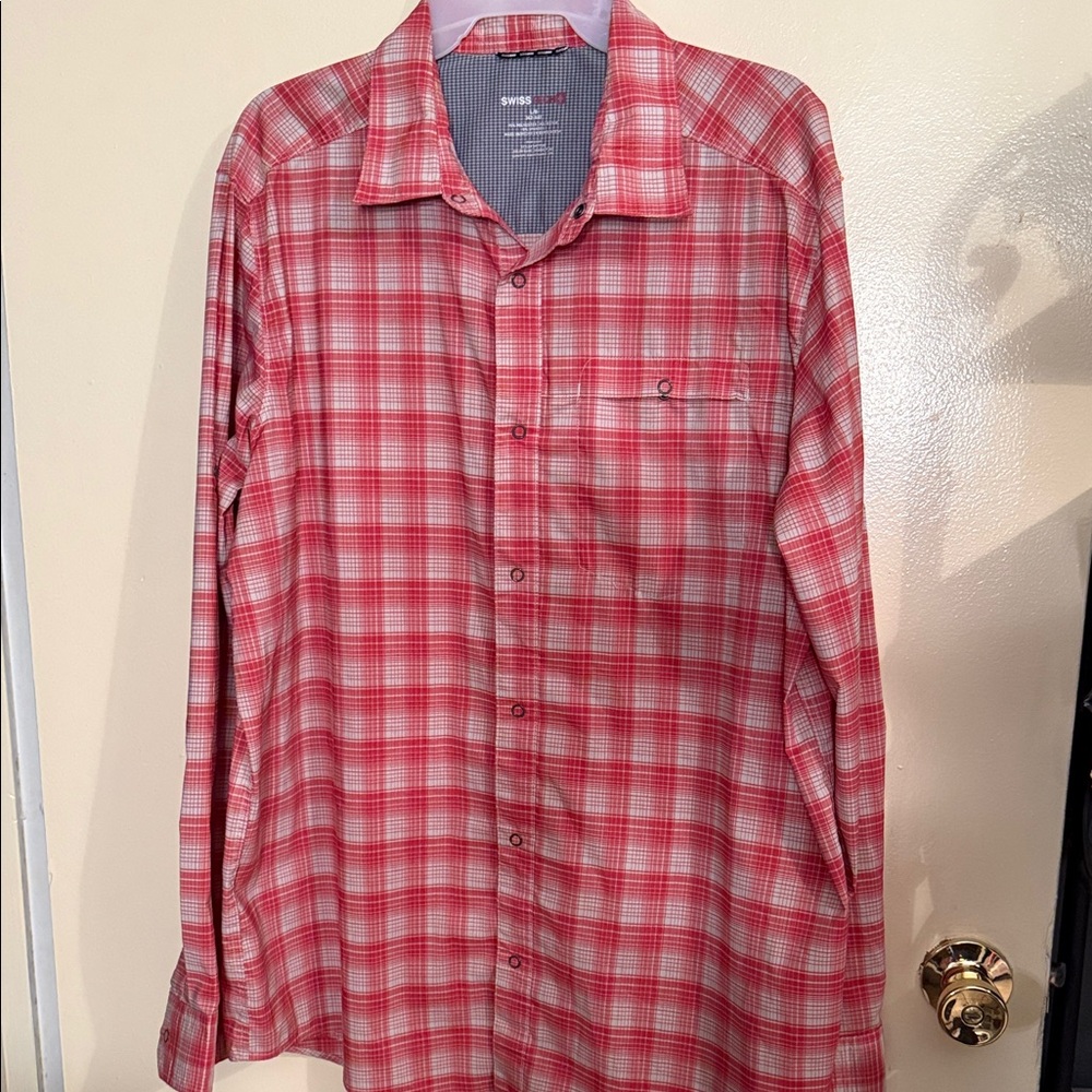 Swiss Tech Pink and White Plaid Long-Sleeve Button-Down Shirt
